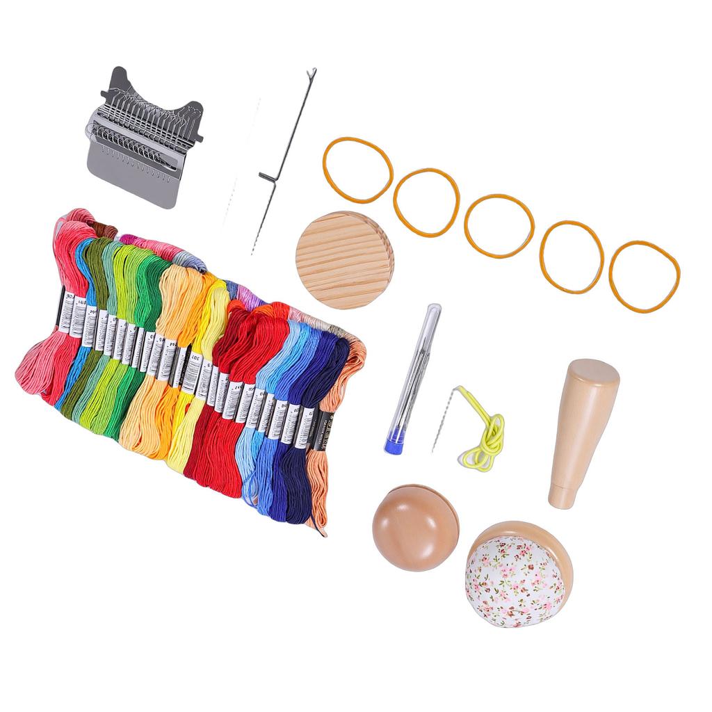 Mini Darning Mushroom Kit Wooden 14 Hooks Patchwork Weaving Tool with Needles 50 Colors Thread for Sock Jeans Repair