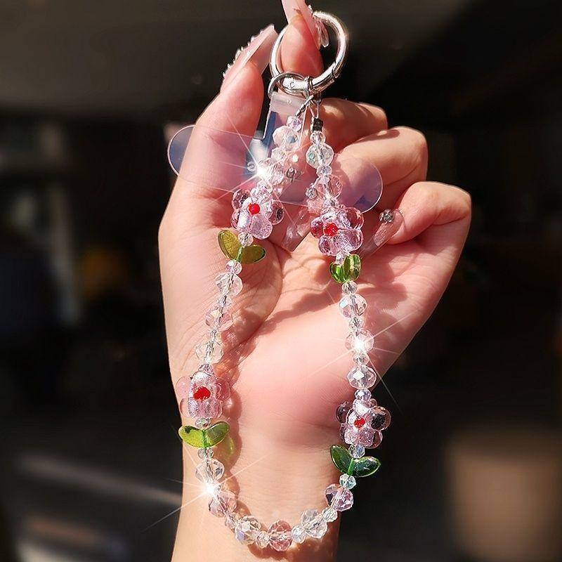 Fashion Flower Crystal Phone Chain With Pvc Cord For Both Genders