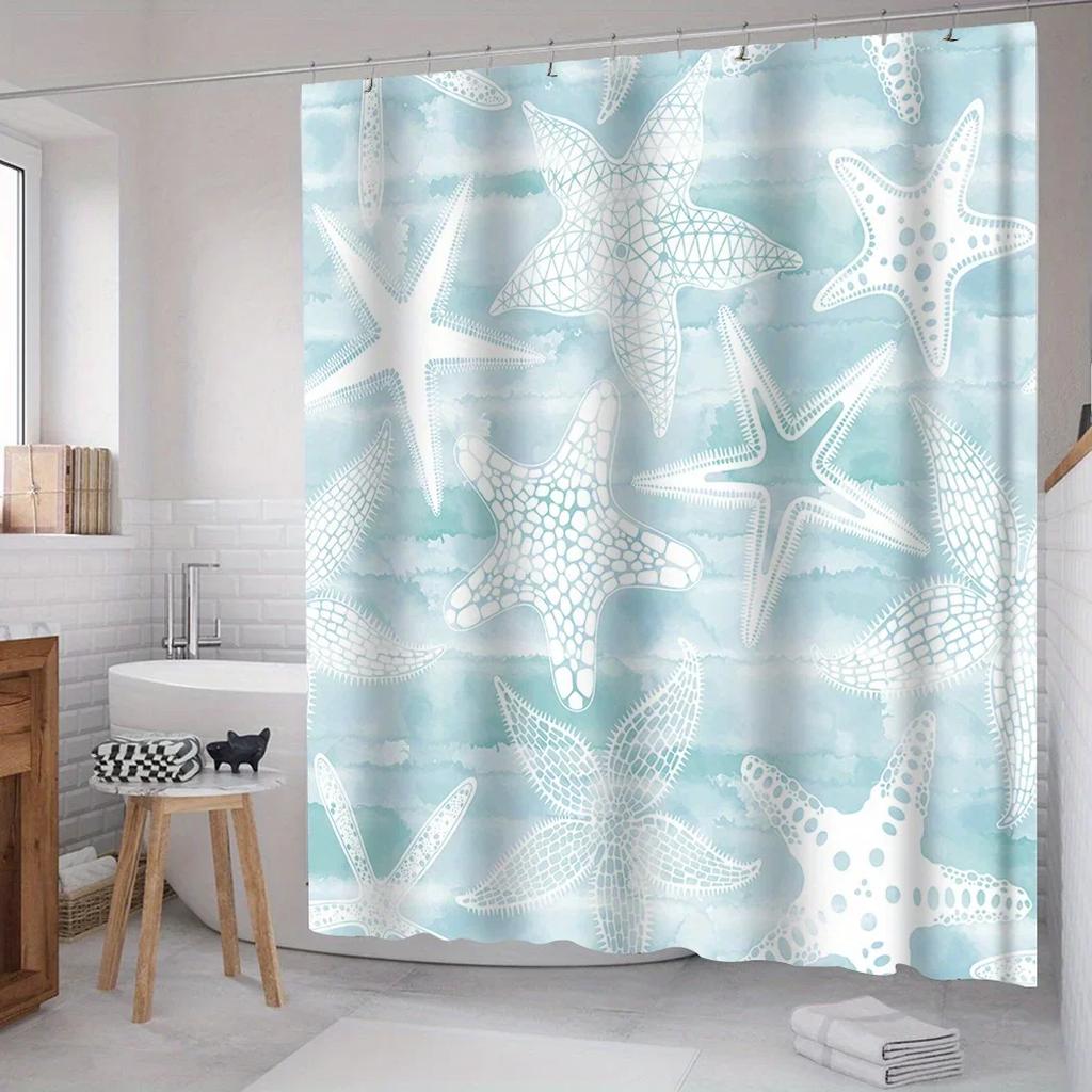 1Pc Contemporary Starfish Shower Curtain - Waterproof, 12 Hooks, Machine Washable, Modern Bath Accessory