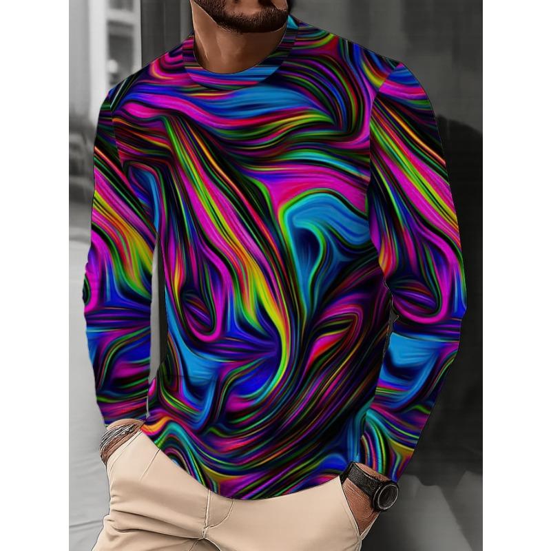 Men's Trendy Colorful Abstract Print Round Neck Long Sleeve T-Shirt Casual Fashion Base Layer Versatile Autumn Top