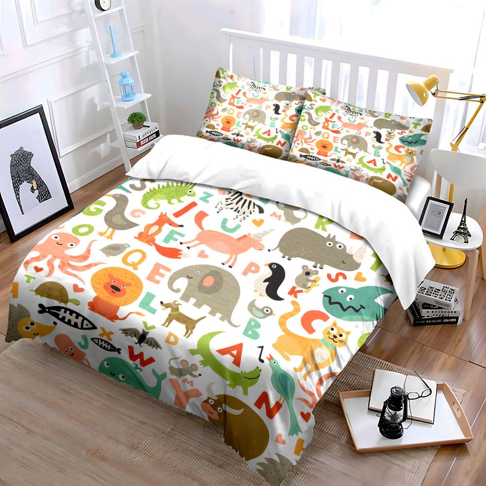 Alphabet animals cartoon pattern Print Bedding Set 1 Duvet Cover 2 Pillowcases for Adult and Children Luxury Gift Full Size