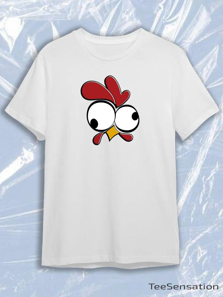 TeeSensation White Crew Neck Short Sleeve T-Shirt with Cartoon Rooster Face Print