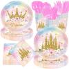 Gold Powder Princess Theme Party Set: Rainbow Castle Plates, Tablecloth, Napkins, and Decorations.