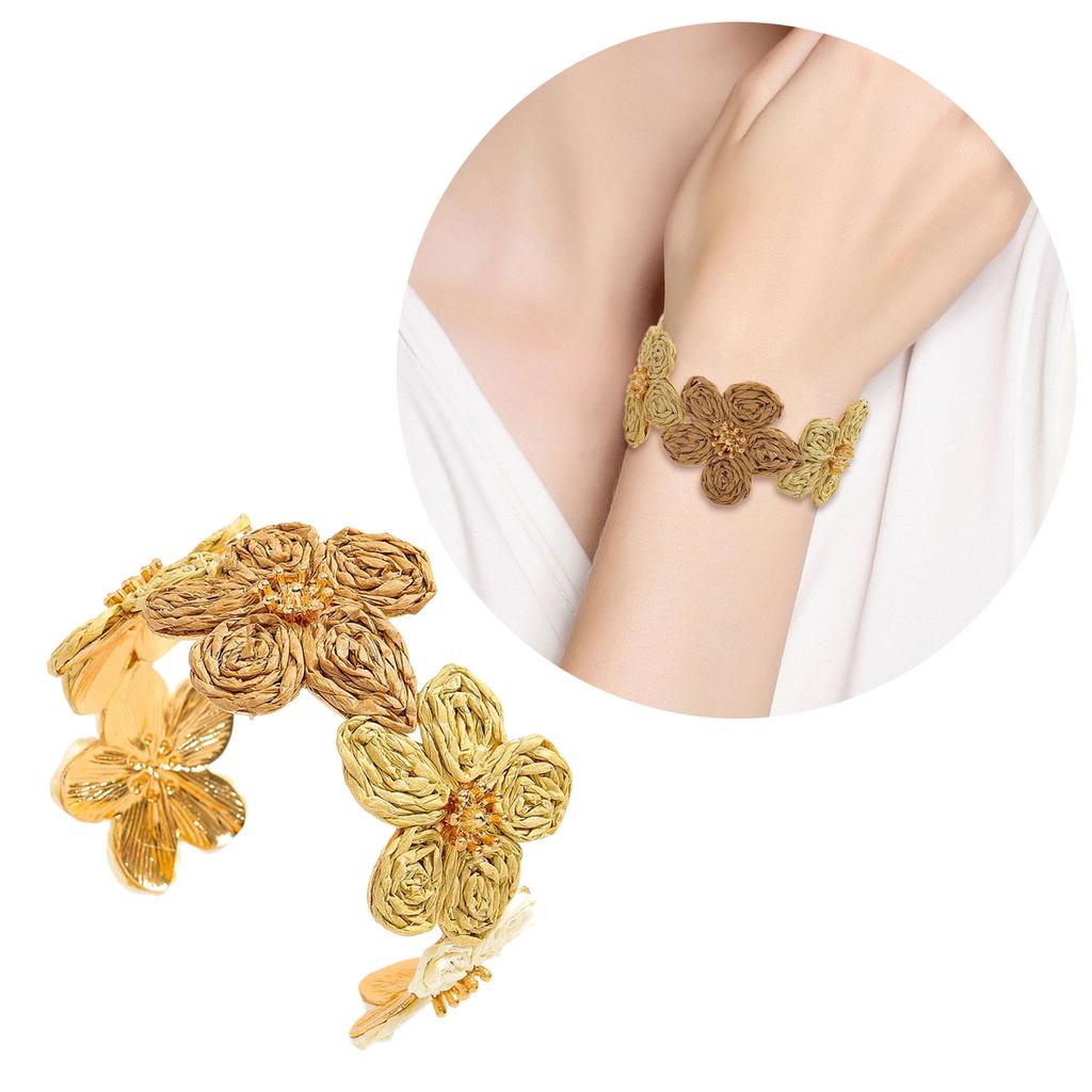 Handmade Raffia And Alloy Floral Bracelet Lightweight Bohemian Jewelry Elegant Wrist Jewelry Accessory For Everyday Wear