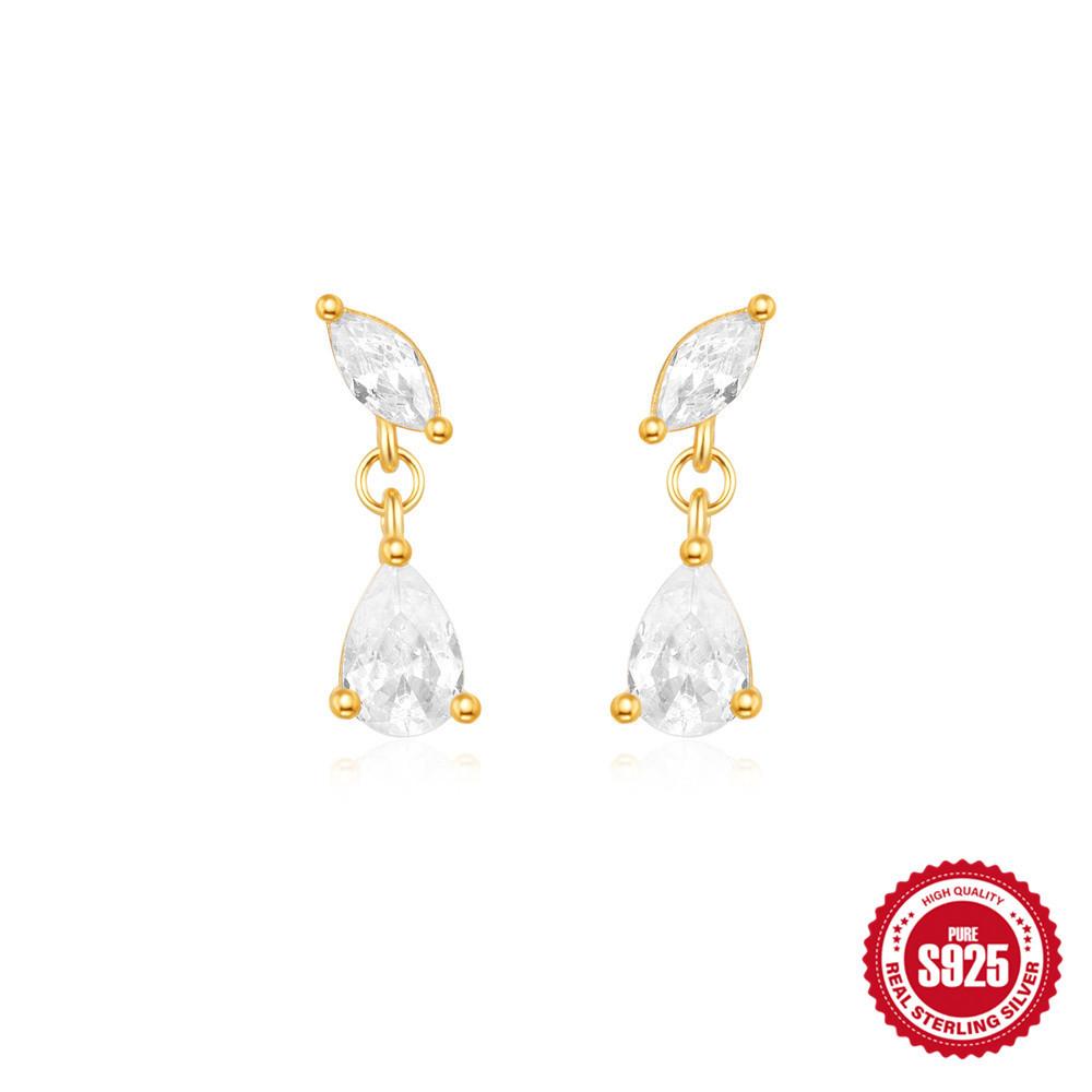 Stilvolle und schlichte S925 Sterlingsilber Geometrische eiförmige Wassertropfen Pferdeaugenkette, Mit Diamanten besetzte Ohrstecker, Ohrringe.