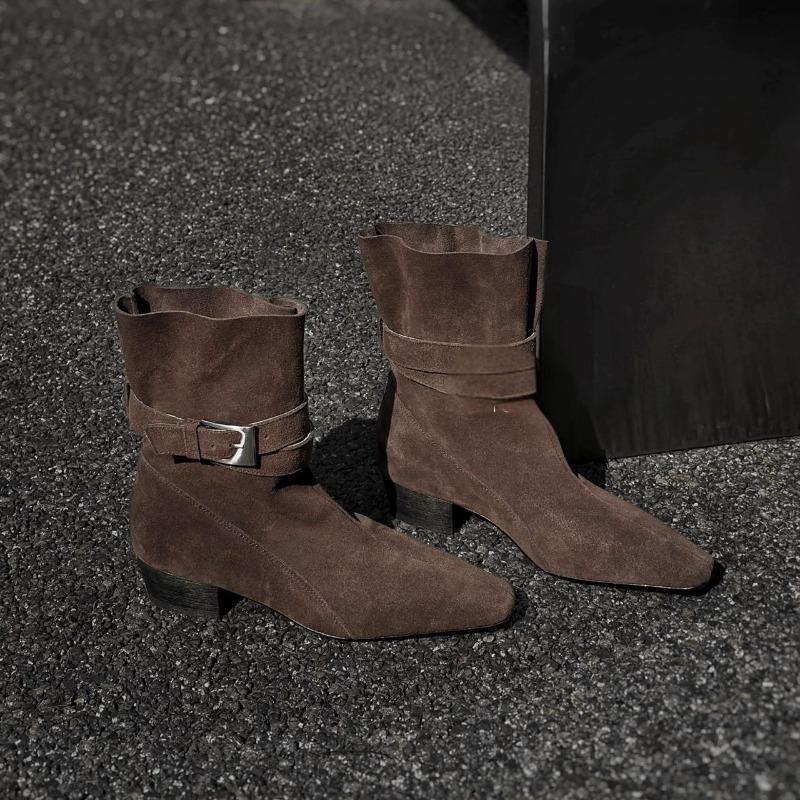 Retro temperament fashion sleeve two wear square head short boots women's belt buckle thick heel bundle fashion Martin boots