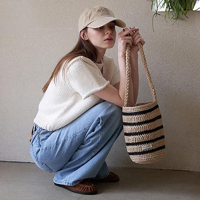 Moroccan Handmade Crochet Stripe Bucket Bag _ Beige