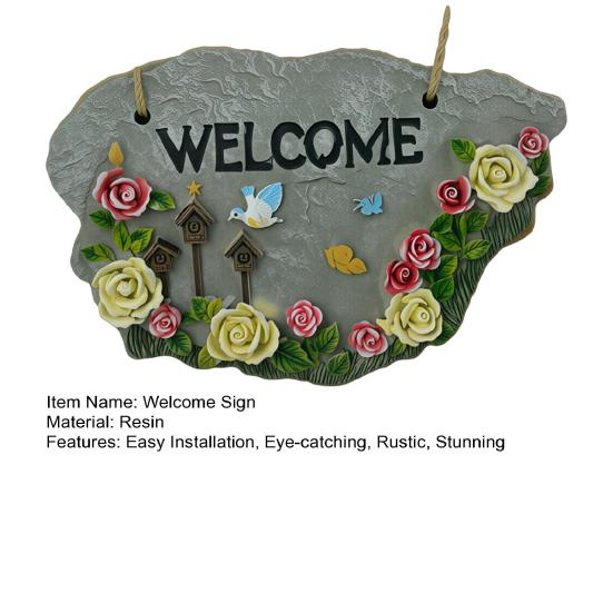 Resin Garden Welcome Sign with Flowers Birds Decorative Outdoor Garden Stone Plaque with Hemp Rope for Rustic Yard Lawn Patio Home Decor