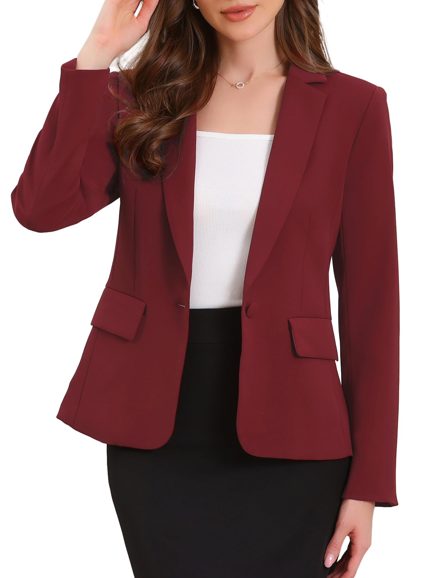 

Allegra K Women s Business Casual Blazer, Long Sleeve, One-Button Front, Office Suit Jacket with Shoulder Pads, Wine Red, Size M