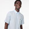 LACOSTE Men s Linen Short Sleeve Shirt [Sky Blue]
