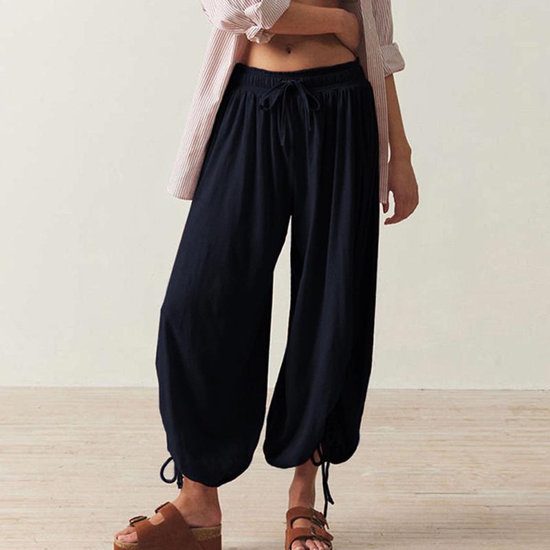 Women Spring Fall Fashion Wardrobe Staple Solid Color Drawstring High-Waisted Bloomers Ankle Pants Trousers