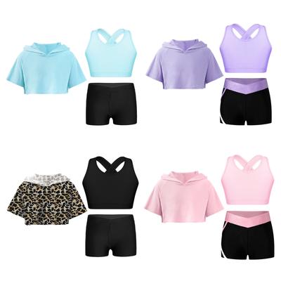 Tenue d'entraînement de gymnastique pour fille, Ensembles de yoga, Débardeur à dos goutte d'eau, Short, Haut court à capuche à manches courtes, Combinaisons de sport athlétiques pour adolescente