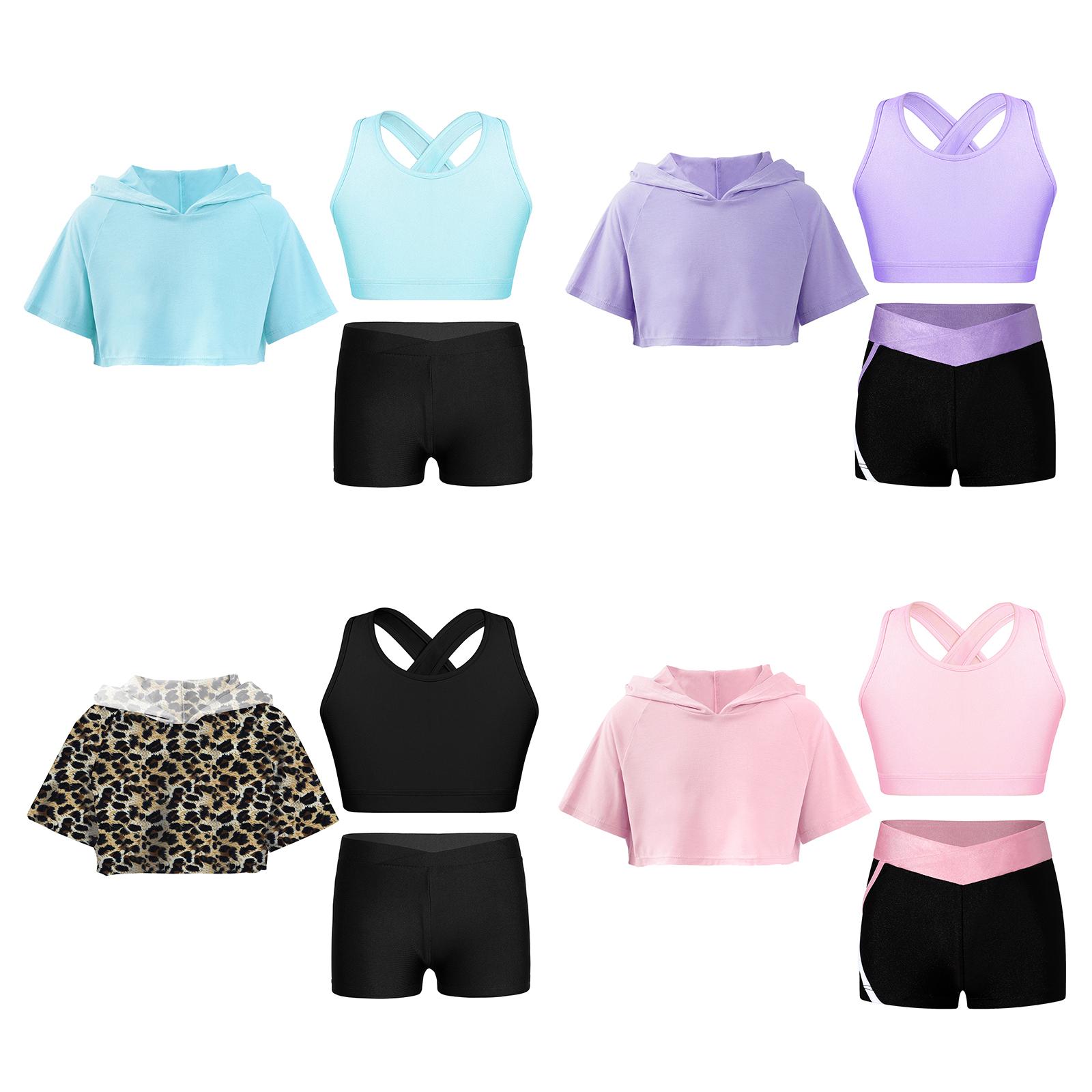 

Kid Girls 3 Pieces Dance Outfit Gymnastics Hooded Crop Top Sleeveless Camisole and Shorts Set Tracksuit 5-6 Years лавандовий