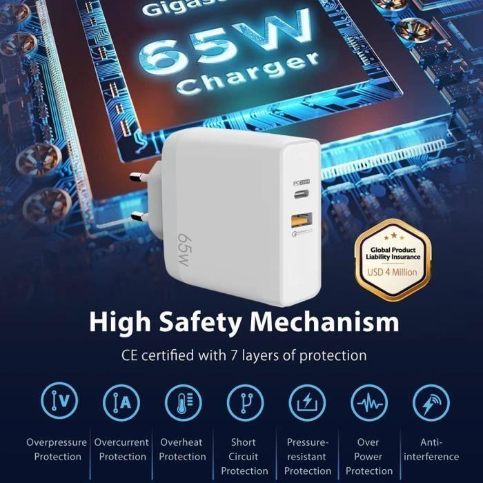 Chargeur Adaptateur 65W 2-Port Rapide PD 33W + QC 3.0 Blanc pour Samsung M13 M23 5G M32 M33 5G M52 5G