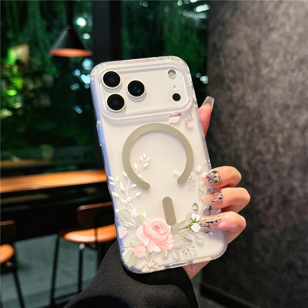 Suitable for iPhone 17 Promax Phone Case, Apple 17 Matte Skin Texture Flower 17 Pro Semi Transparent Magnetic Suction Case