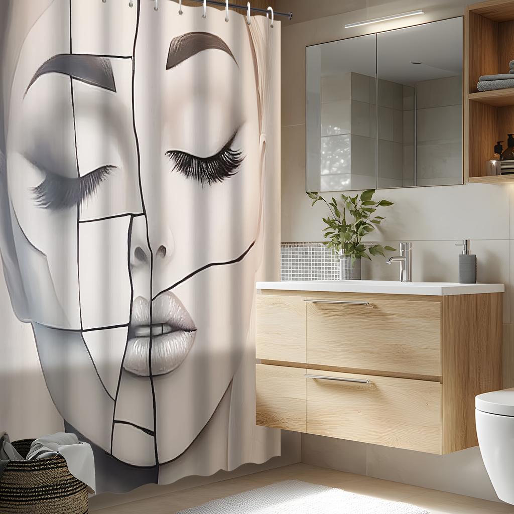 Abstract Art Shower Curtain - Polyester, Black & White Face, 12 Hooks, Machine Washable, Contemporary
