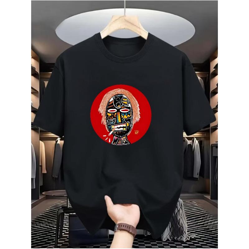 

European sizes Men s Fantasy Mask Face Print T-Shirt - Summer Streetwear Style Short Sleeve Round Neck Casual Top with Random Mask Patterns 4XL чорний