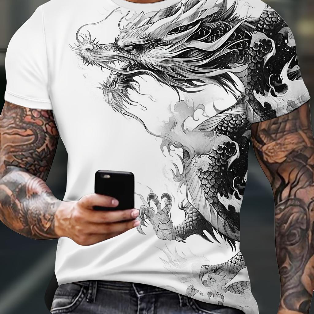Men's Bold Dragon Graphic Tee - Short Sleeve, Crew Neck, Polyester Blend - Perfect for Summer Outings & Casual Wear