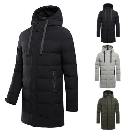 Autumn Winter Men Jacket Cotton Padded Hooded Long Sleeve Drawstring Mid-length Windbreaker
