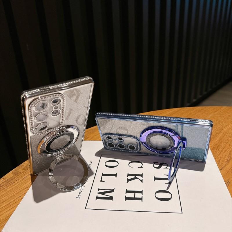 Luxury Magnetic Plating Stand Shockproof  Case For Samsung Galaxy S25 S24 S23 S22 Ultra Plus S24 FE Glitter Diamond BacK Cover