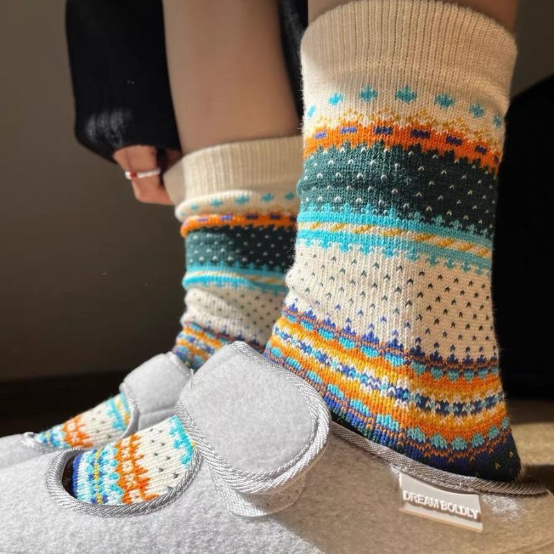 Trendy Ethnic Style Socks for Women, Pure Cotton, Autumn and Winter, Personalized and Versatile, Color-blocking Thick Thread Pile Socks