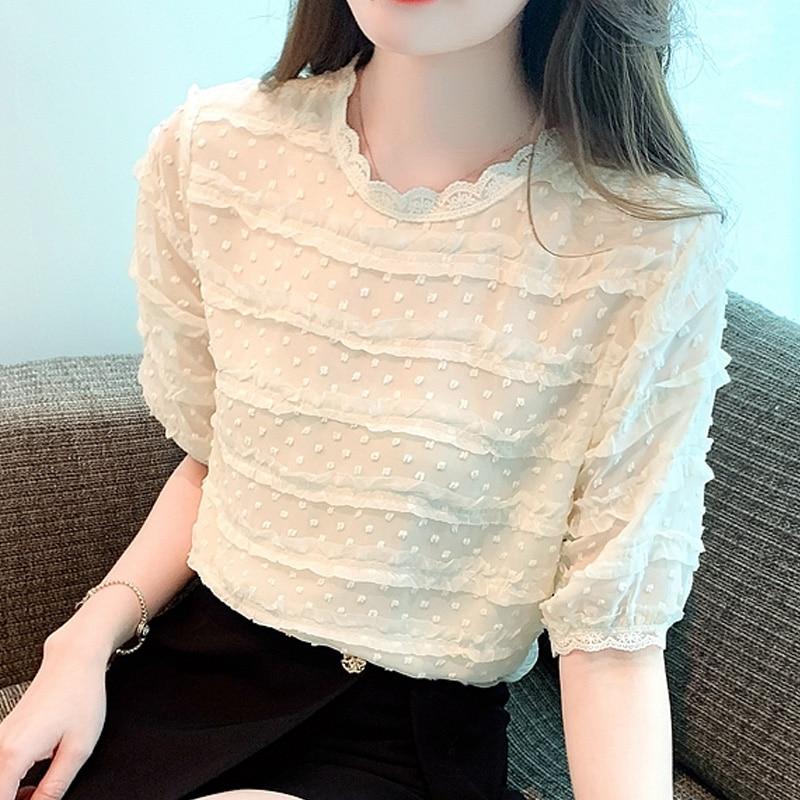 

Милая шифоновая блузка с кружевом, женские топы с короткими пышными рукавами, летняя абрикосовая рубашка, шикарная корейская элегантная одежда с круглым воротником 27474 L абрикосовый