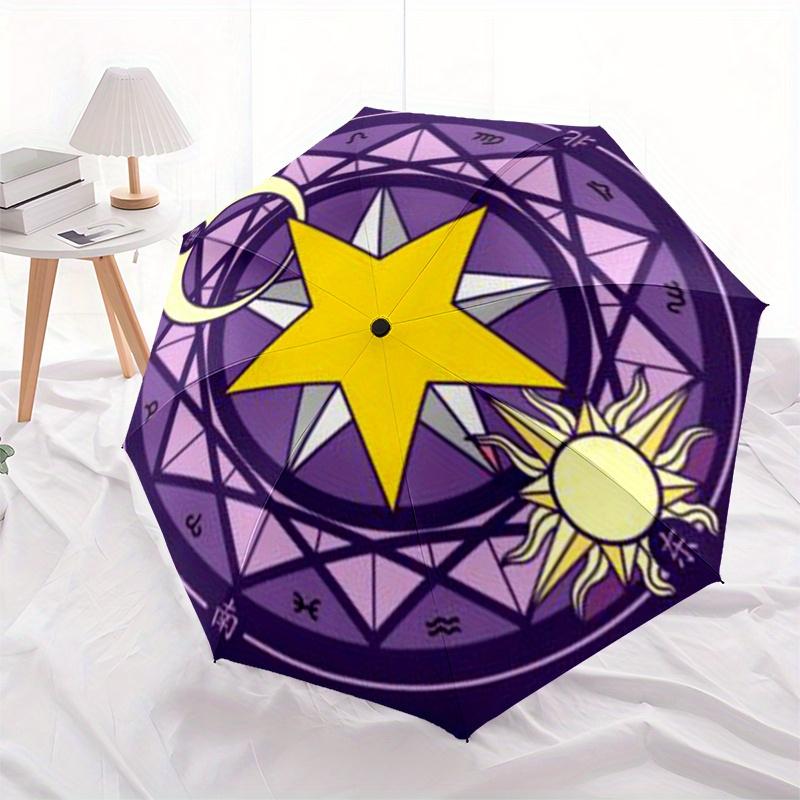 Golden Star Moon Sun Symbol Circular Design Sticker DecalUmbrella, Portable 3-Fold Compact Umbrella for Men & Women Gift