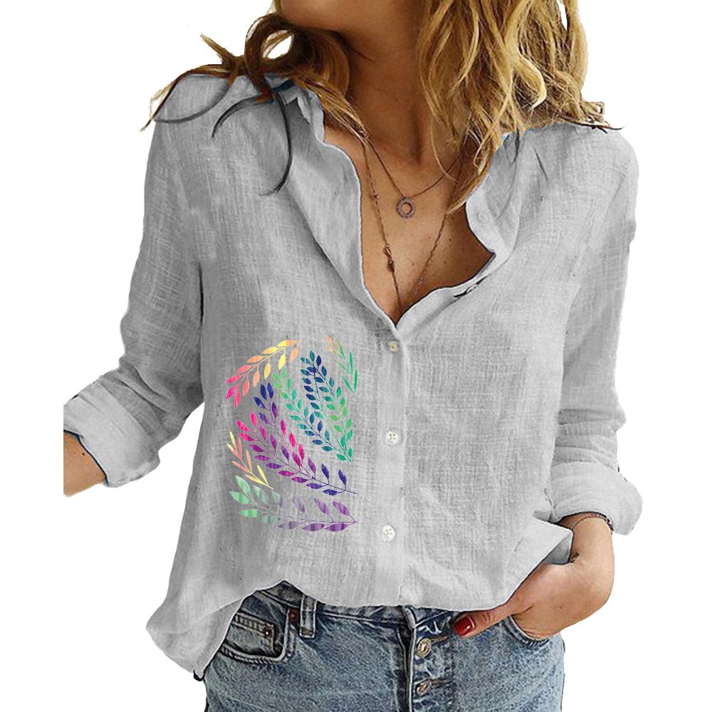 Women  Fashion Long Sleeve Top Cotton Linen Button-up Shirt Ladies Casual Print Blouses
