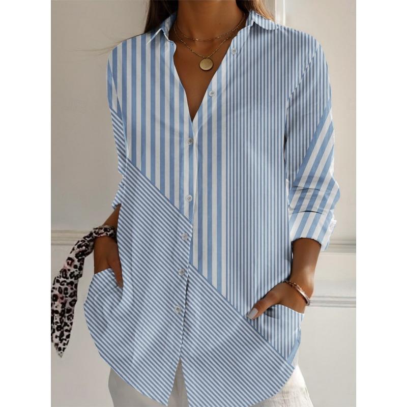 Women's Shirts Striped Graphics Blouse Lapel Neck Blouse Women's Long Sleeve Shirts Womens Clothes Female Clothing