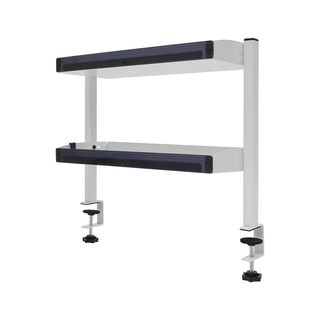 Clamp-On Desk Shelf – 2-Tier Under/Over Desk Storage Organizer with Guardrail – White