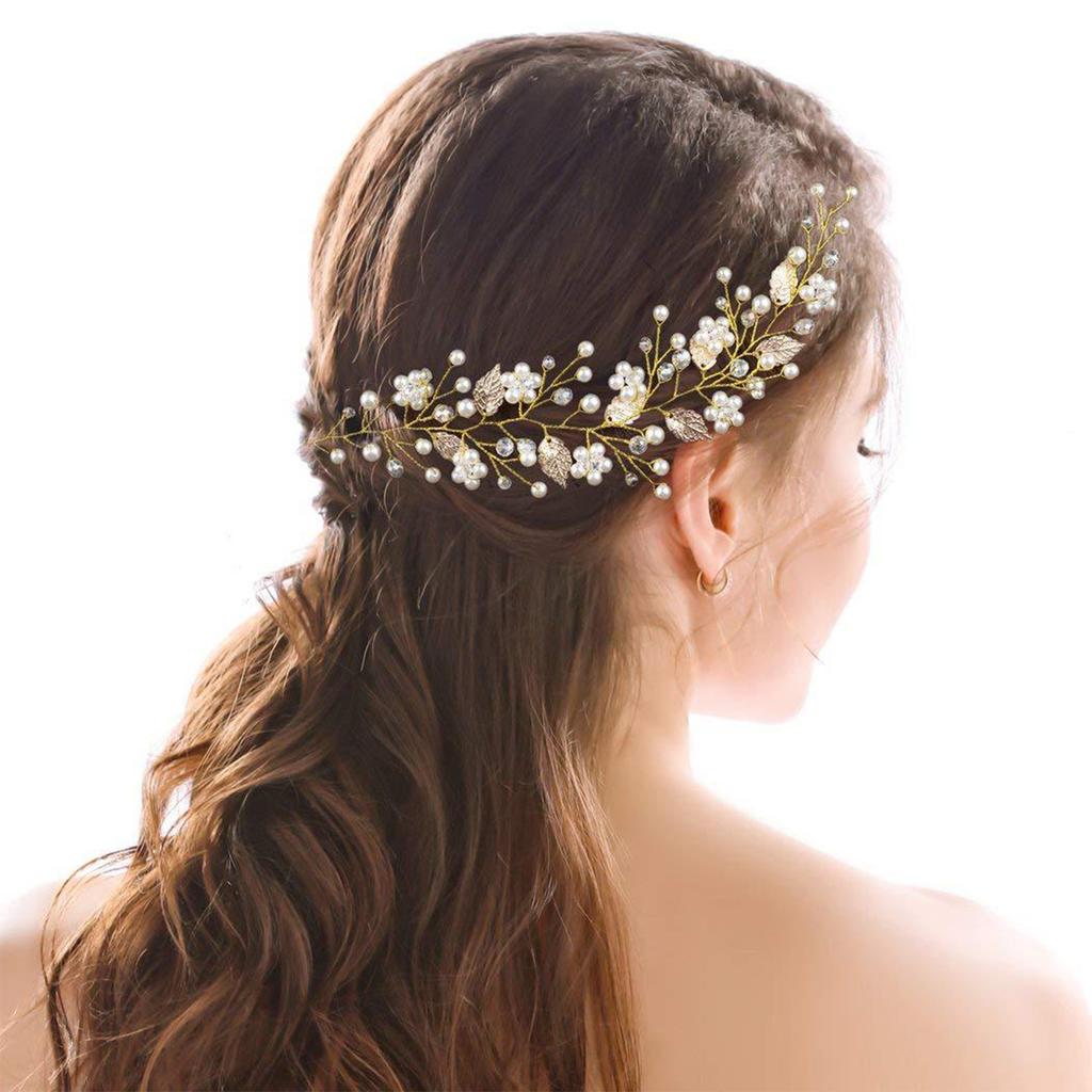 Bridal Sparkle Headband Head Chain Luxurious White Pearls Leaf Gown Headdress for Banquet Wedding Masquerade