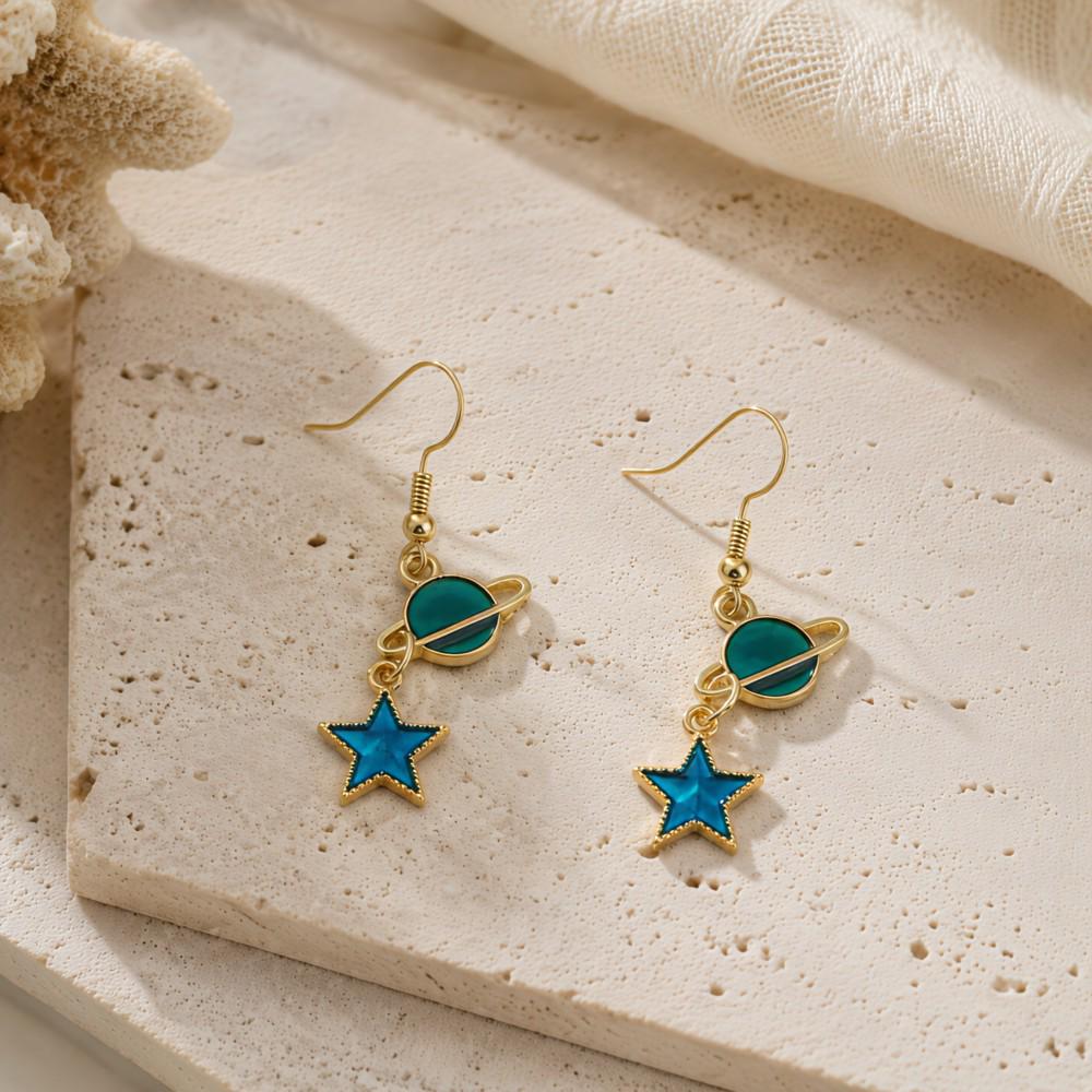 E1382 Asymmetrical Japanese & Korean Style Earrings: Blue Starry Sky, Moon, Planet Design