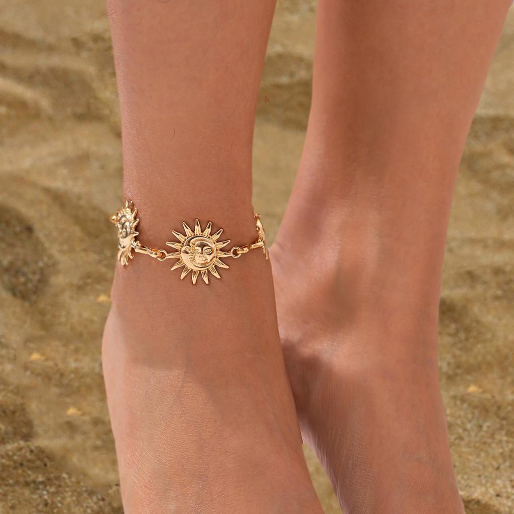 Salircon Vintage Sun Flower People Face Anklet Women Gold Color Elastic Foot Chain Summer Beach Party Female Jewelry