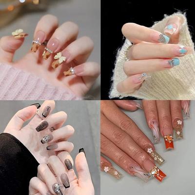 24pcs Manicure DIY Press On Nails Full Cover Crystal Butterfly Long Fake Nails Ballerina French
