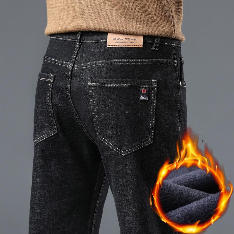 Winter Fleece-Lined Thickened Denim Trousers for Men Loose Straight-Leg Stretch Trousers New Arrival Warm Long Trousers