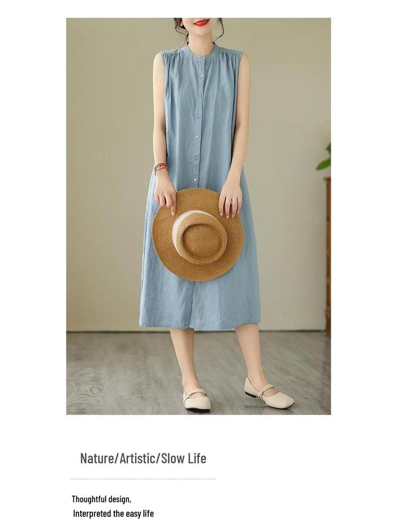 2026 New Summer Casual Sleeveless Cotton Linen Dress - Slimming, Loose Fit, Solid Color