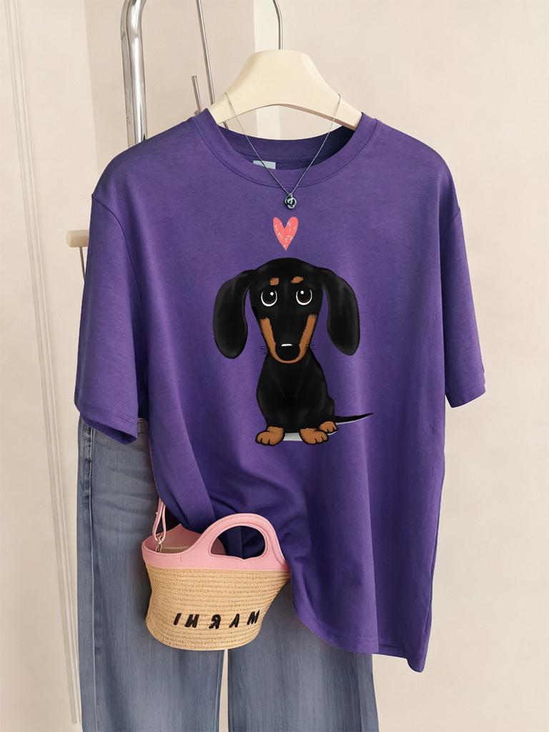 Dachshund With Heart Prints TShirt Womens Summer ONeck T Shirts Comfortable Loose Short Sleeve Tops Casual Soft Woman Clothes