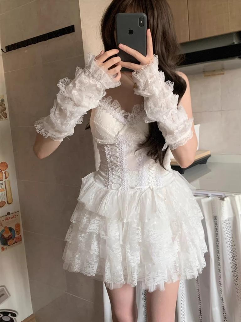 Sweet Lace-trimmed Leg Covers Harajuku Lolita Socks Tiered Ruffle Foot Cover with Drawstring Ribbon Princess Mesh Leg Sleeves