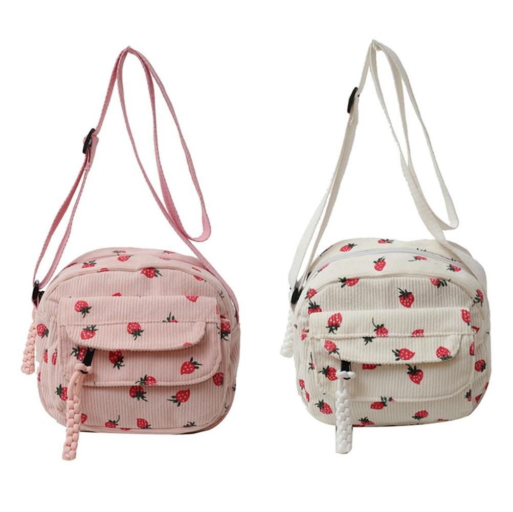 Cute Strawberry Trendy Crossbody Bag Corduroy Messenger Bag Casual Zipper Underarm Bag for Women Travel Work Shoulder Bag