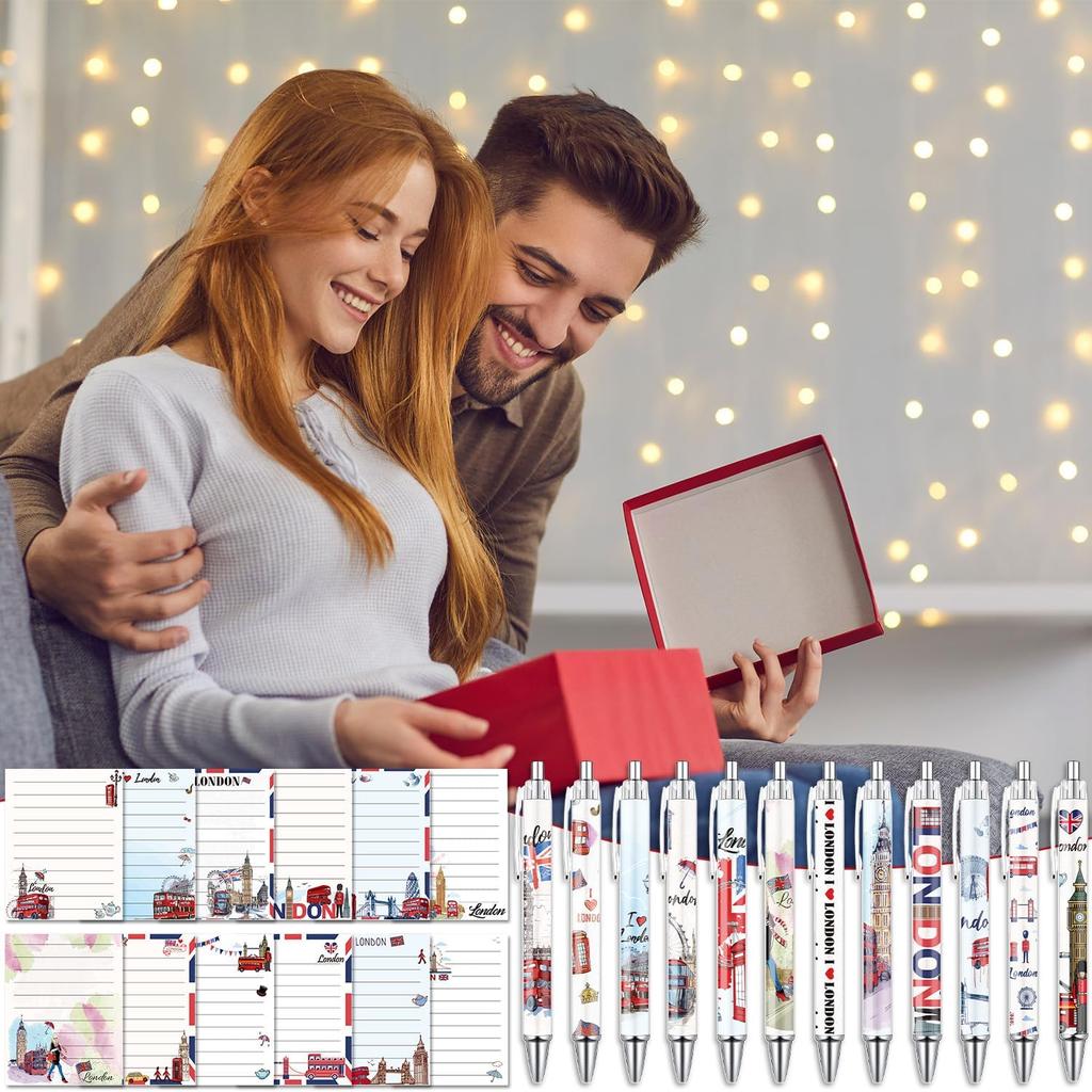 Wxiben London Sticky Notes with Pens - 24 Pcs London Travel Notepads England Ballpoint Pens Bulk British Flag Notes Black Ink Pen Souvenir Gifts for