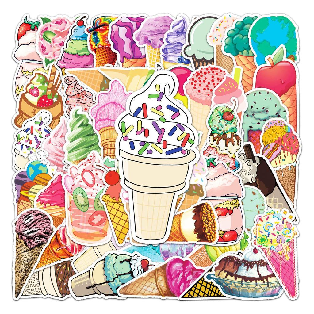 50-Count INS Style Ice Cream-Themed DIY Journal Waterproof Stickers for Luggage, Scooters, and Refrigerators.