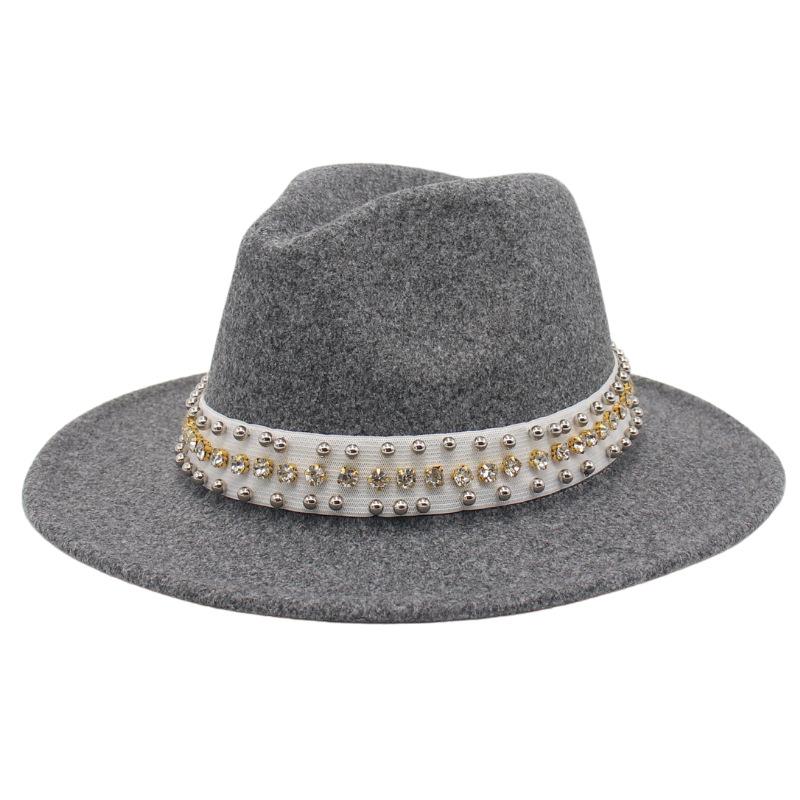 Fedora Wool Jazz Hat Elastic Band Diamond Accessories Large Brim Felt Hat Elegant Top Hat