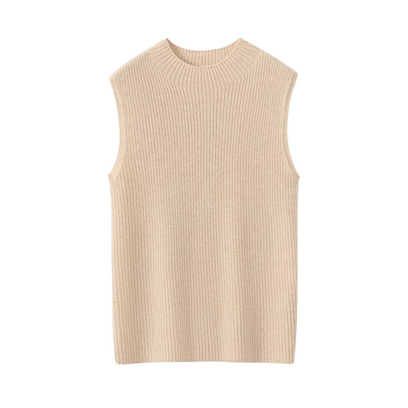 Women's Cashmere Ribbed Sleeveless Slim-Fit Pullover Sweater with Half-High Neck