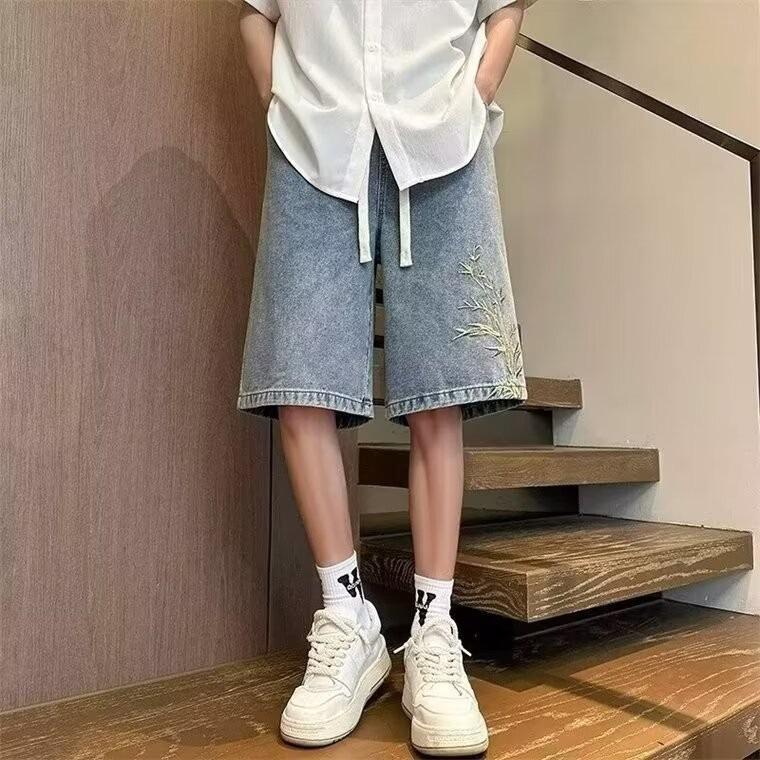 New Chinese-style embroidered denim shorts men's summer thin loose retro trendy brand washed five-point pants
