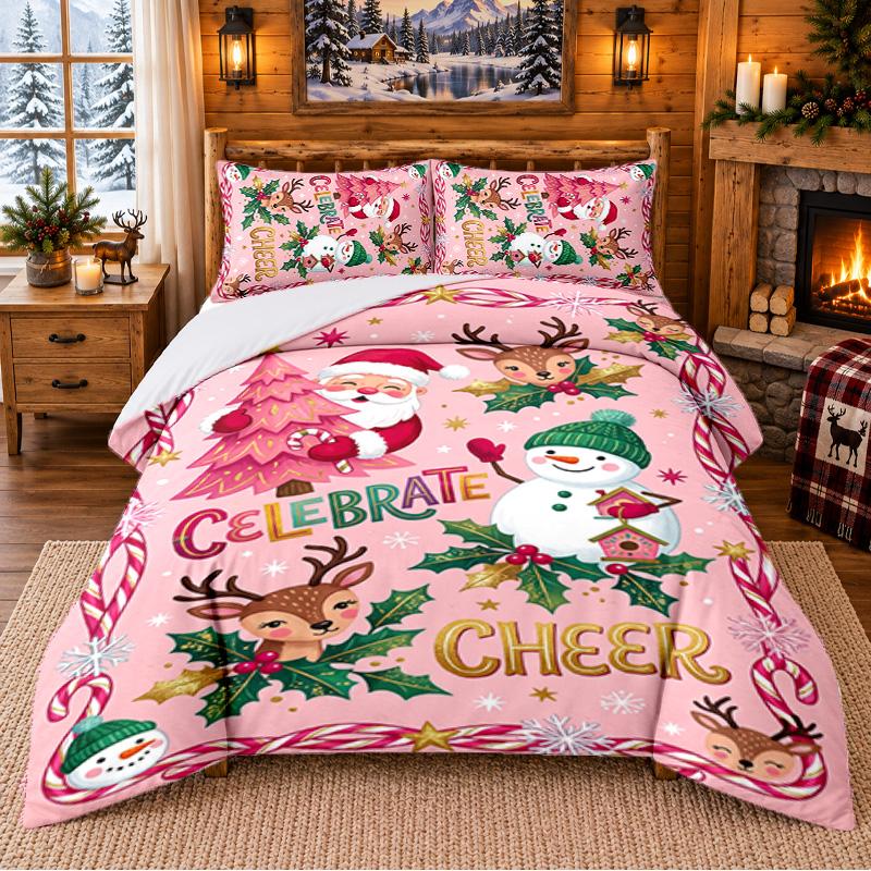 Christmas 3Pcs Bedding Set 1 Bed Sheet 2 Pillowcases Printed Bedroom Bedding Holiday Gift