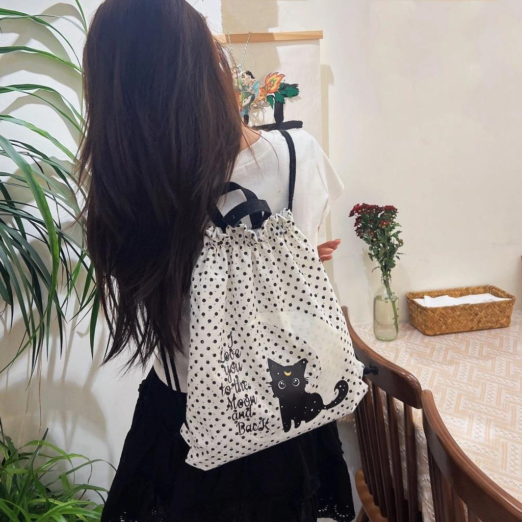 WTEMPO Cute Polka Dot Printed Moon Cat Portable Commuting School Travel Large-capacity Single-shoulder Drawstring Backpack