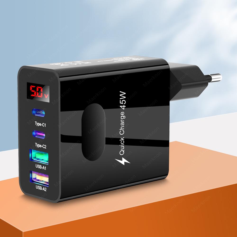 

4 порта USB быстрое зарядное устройство 45 Вт PD Type C цифровой дисплей телефон зарядный адаптер для iPhone 14 Xiaomi Samsung Multi Plug настенное зарядное устройство EU Black