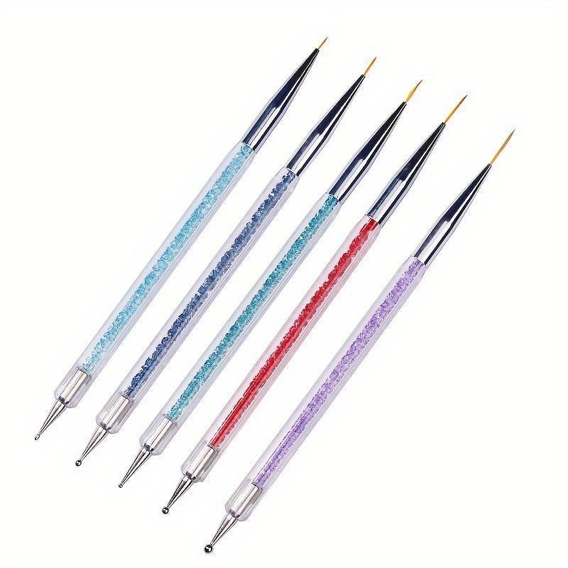 5pcs 2 In 1 Dual-Ended Nail Art Liner Brushes With Crystal Handle Professional UV Gel Dotting Painting Drawing Pen DIY Tools