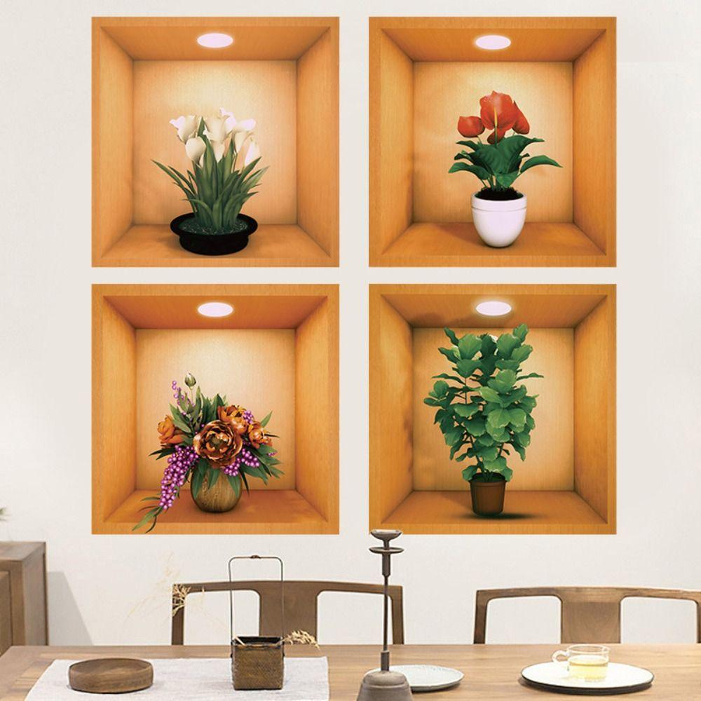 4 pièces Autocollants Muraux pour Plantes en Pot en PVC Plantes Vertes Plantes Fleurs Autocollants Simulent Papiers Peints 3D Chambre à Coucher