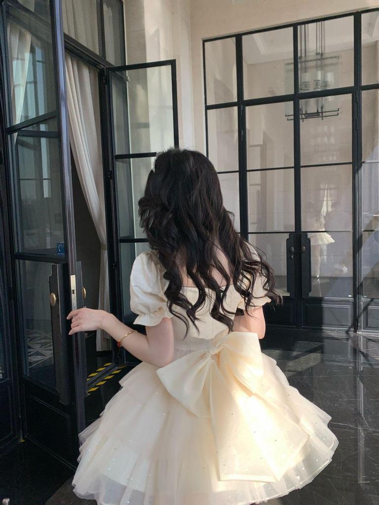 Blovelan Princess Dress - Half Cup Love Words, Big Bow, Sparkle Jacquard, Fluffy Train, Birthday Outfit